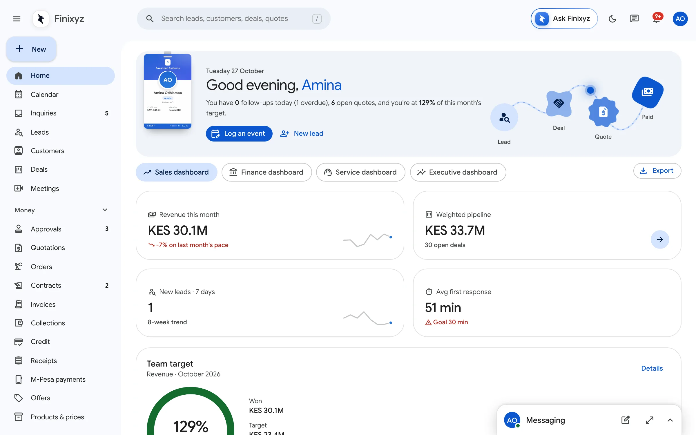 Finixyz home with revenue, pipeline, team target and follow-ups